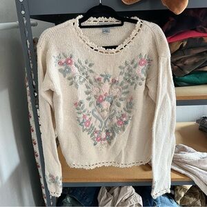 Vintage Floral Embroidered Cream Sweater Granny